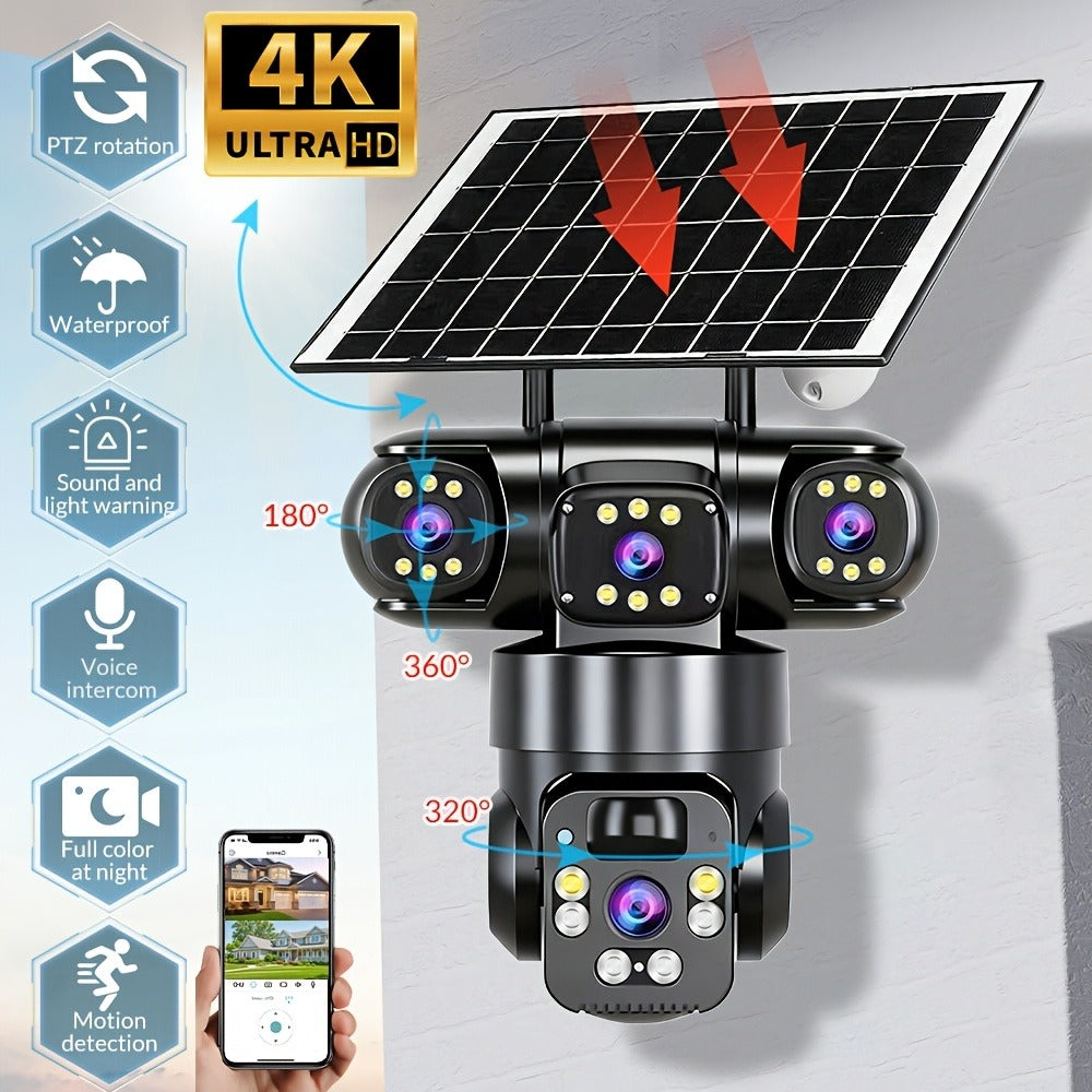 4K Solar Powered Outdoor Security Camera PTZ 360° Triple Lens Panoramic 10X Zoom 8000mAh Battery WiFi AI Human Detection Color Night Vision Two-Way Audio Driveway Farm