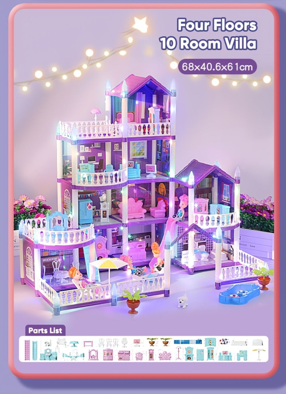 Purple LED Dollhouse Playset with 6 to 16 Room Options and Furniture