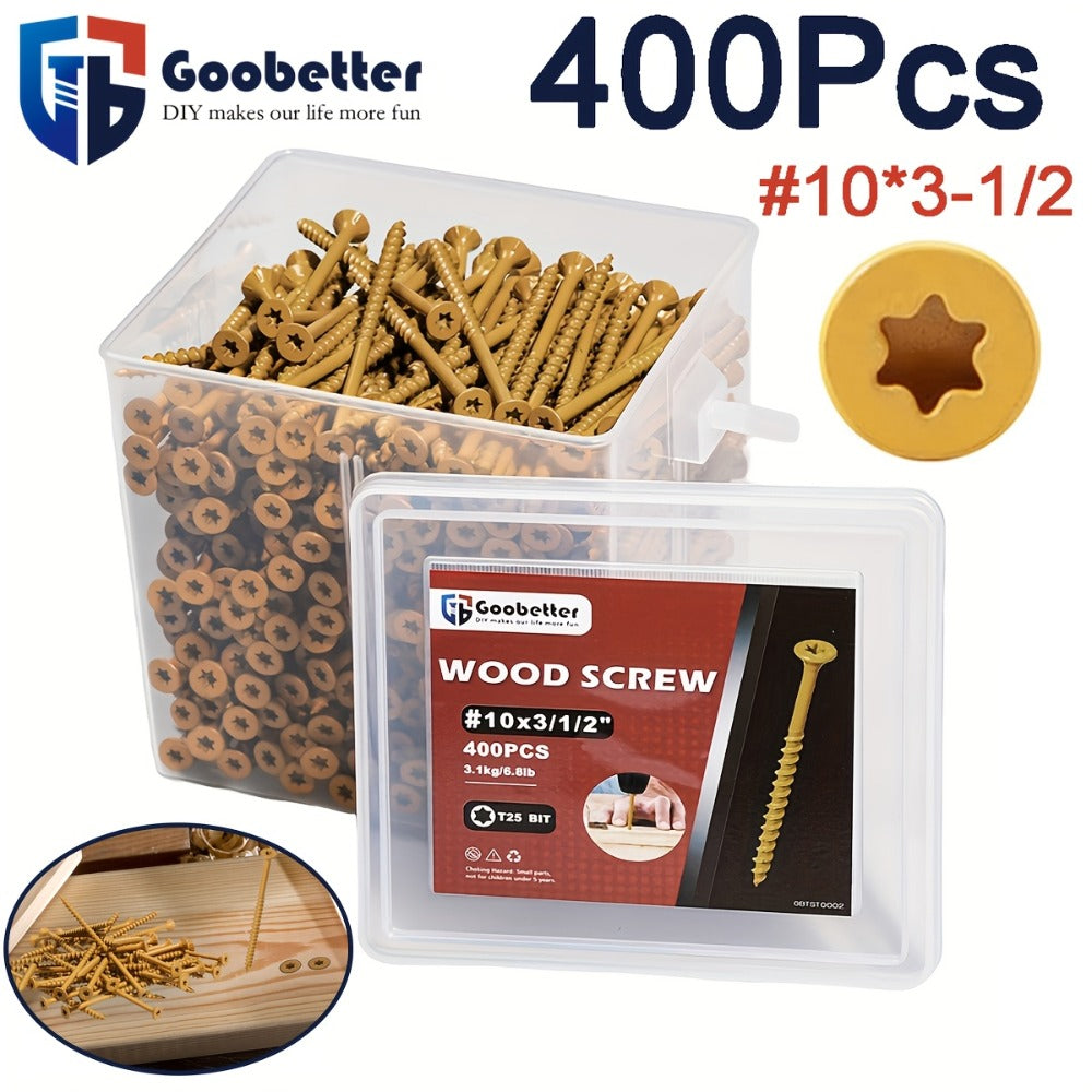400pcs #10 x 3-1/2" Torx Wood Screws Rust Resistant Yellow Ceramic Coating – Flat Head Fully Threaded Self-Tapping Screws for Wood Fastening Decking & Construction