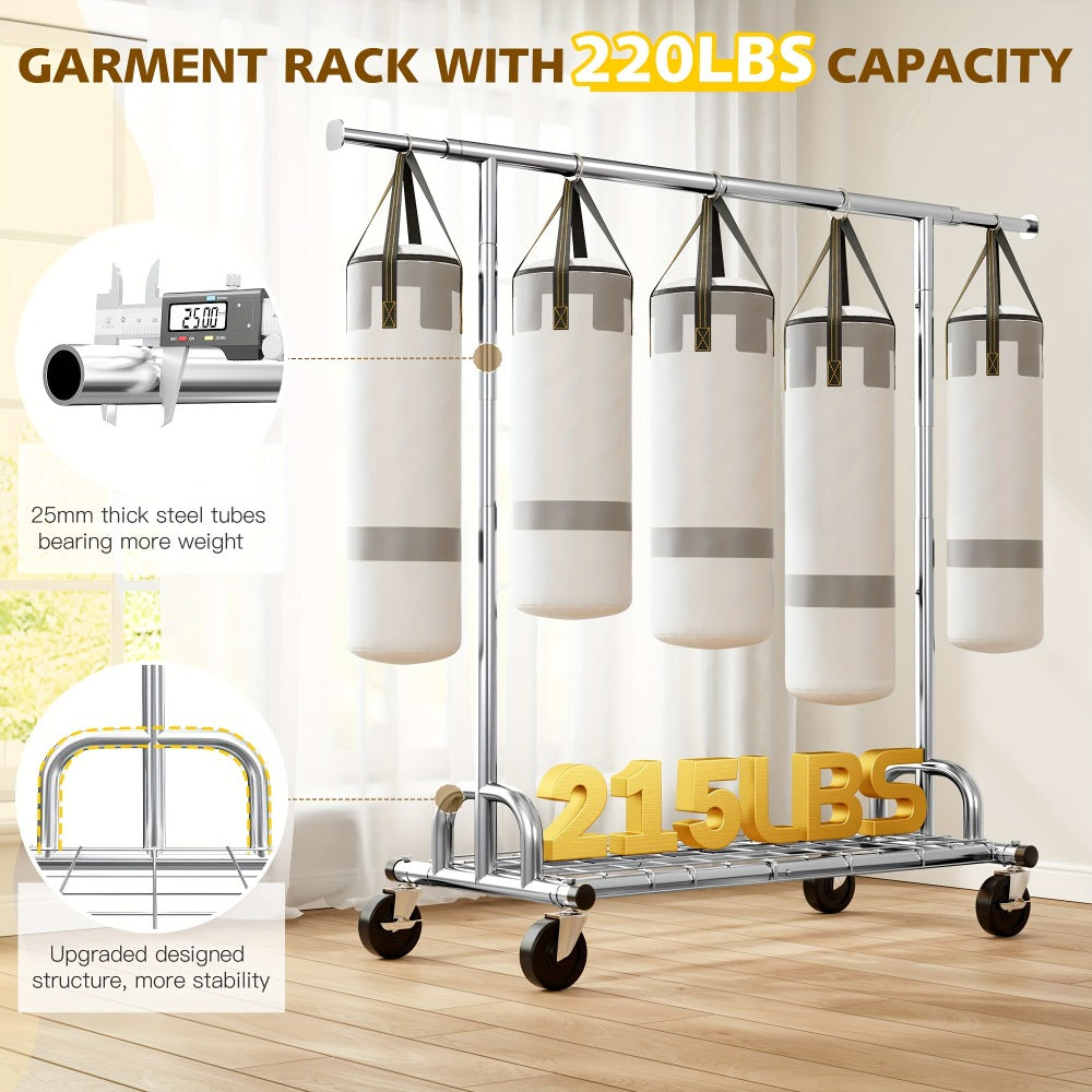 Heavy Duty Rolling Clothes Rack with Wheels - Adjustable Garment Rack 260LBS Capacity, Extendable 51"-75" Wide, for Bedroom Closet Laundry Room
