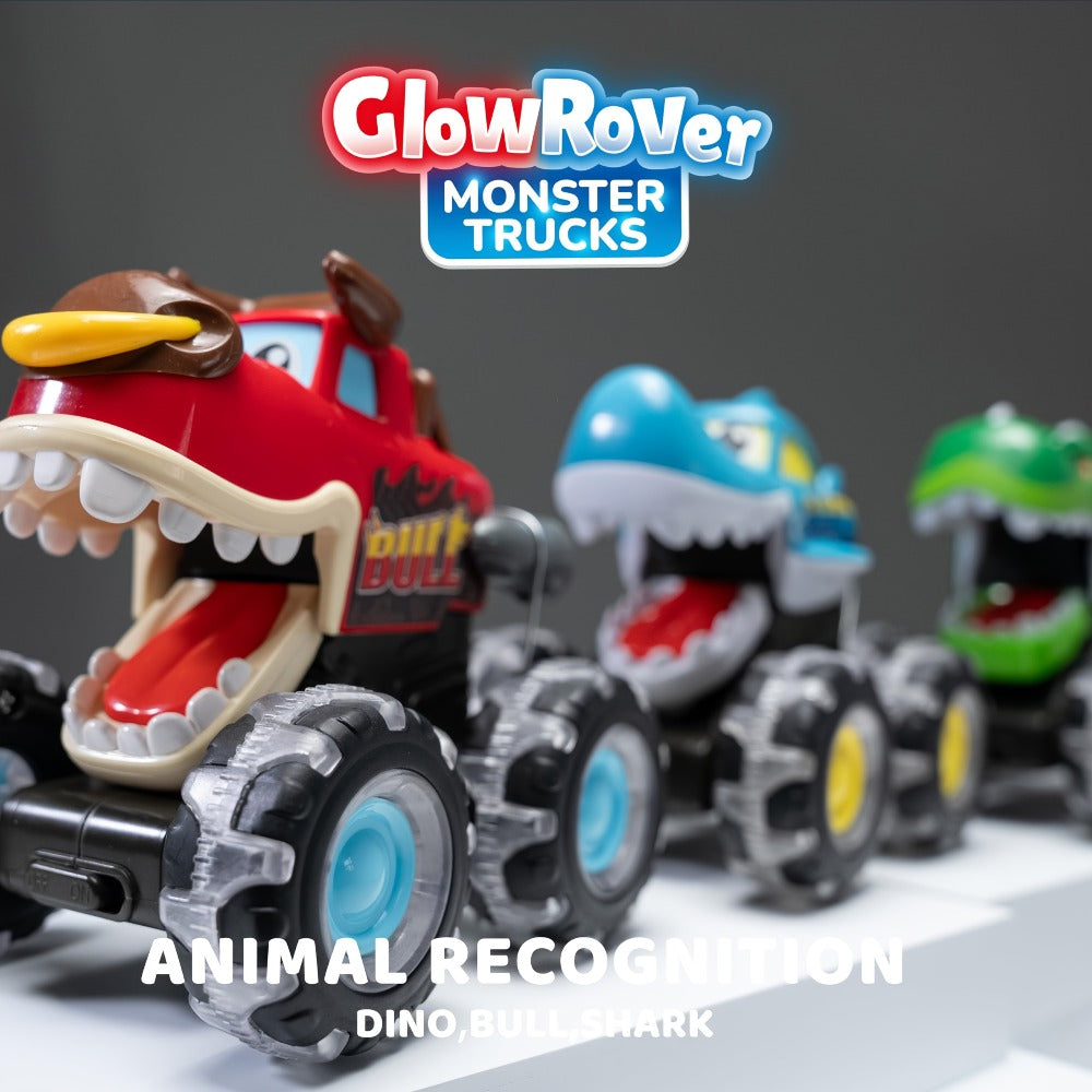 Monster Truck Toy 3-Pack with LED Lights, Press-and-Go Shark, Bull & Dinosaur