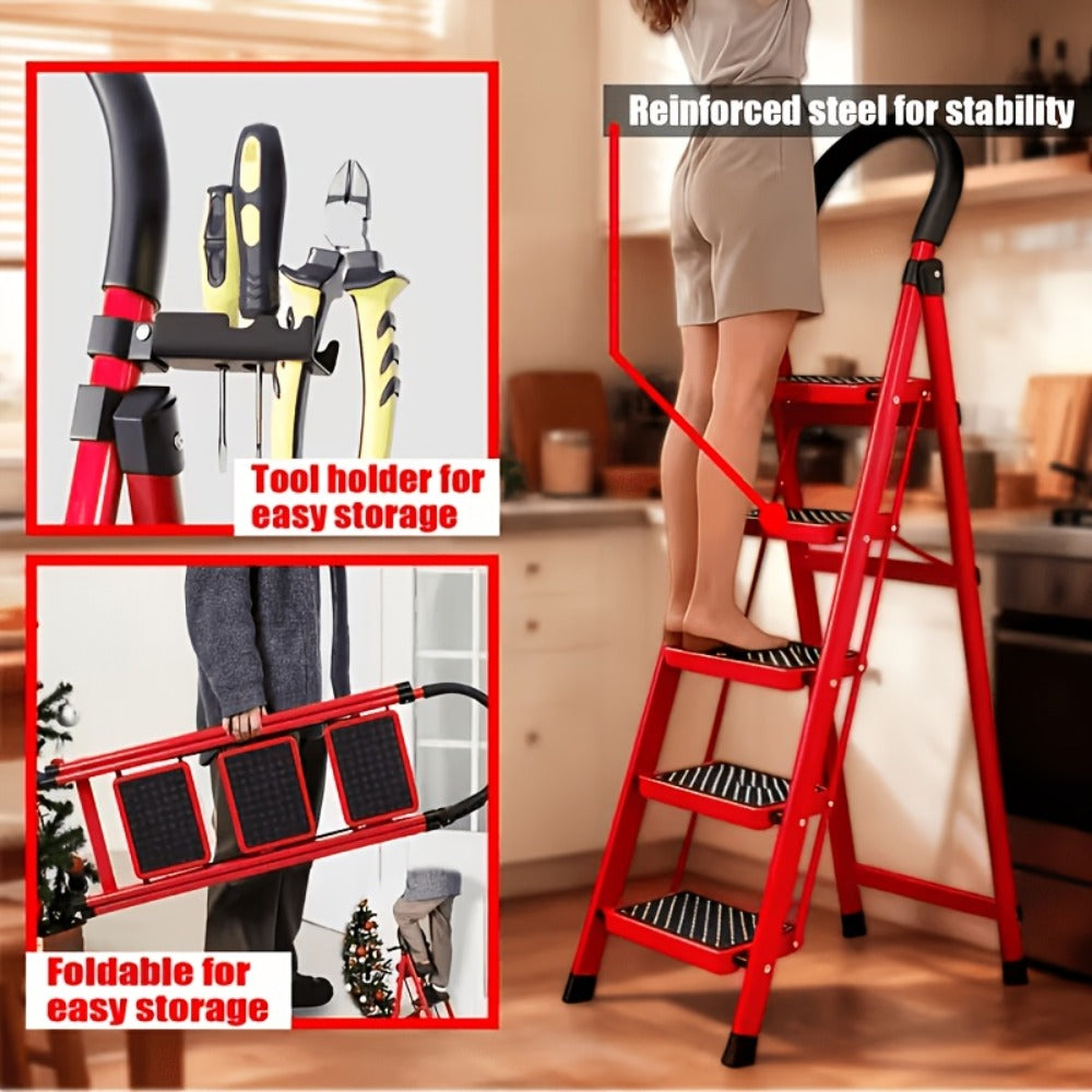 Folding Step Ladder with Anti-Slip Pedals & Handrail – 2/3/4/5 Step Stool for Adults, Sturdy Steel, Lightweight Portable, Non-Slip Feet, Rust-Resistant, Foldable for Home Kitchen Office Bedroom Use