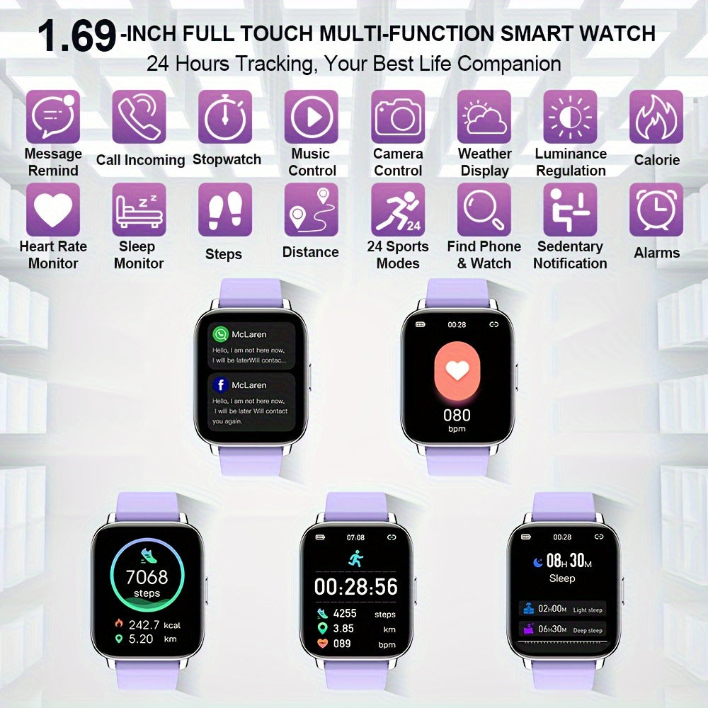 1.69 Inch Big Screen Smartwatch 100 Sport Modes Sleep Monitor Heart Rate Pedometer Fitness Tracker Compatible with Android iOS Unisex Men Women 7 Colors Off White Grey Black Pink Dark Blue Azure Purple