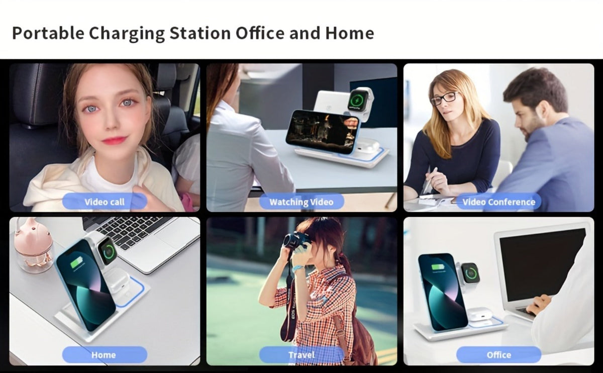 3-in-1 MagSafe Charging Station 15W – Fast Wireless Charger Stand for iPhone, Apple Watch & AirPods | Simultaneous Charging, White Black Pink