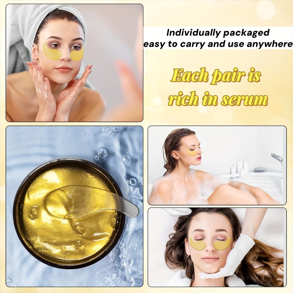 Under Eye Patches 24K Gold 60pcs Collagen Hyaluronic Acid Glycerin — Moisturizing Plumping Anti-Dark Circle Puffiness Fine Lines Unisex Hypoallergenic All Skin Types Travel Gift