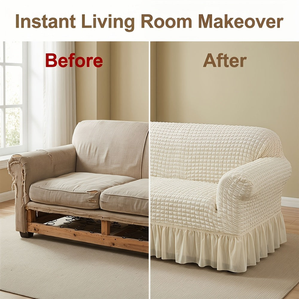 Seersucker Sofa Slipcover Elastic Band Closure Pet-Friendly All-Purpose Sofa Cover for Living Room Home Decor Protection — Single 2 4 Seater Multiple Colors