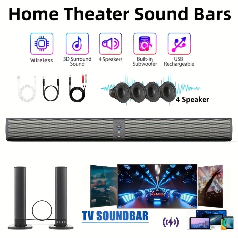 Sound Bar with 4 Subwoofers 20W Hi-Fi Wireless Surround Sound System Bluetooth 5.0 TWS Wall Mountable EQ Modes AUX USB TF FM for TV Computer Gaming Home Theater