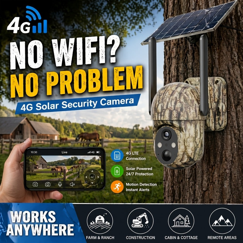 4G LTE Solar Trail Camera No WiFi Needed, Outdoor Security Camera 4K Night Vision, 360° Pan Tilt Live View, Two-Way Audio, Waterproof – Hunting Farm Ranch Wildlife Monitoring