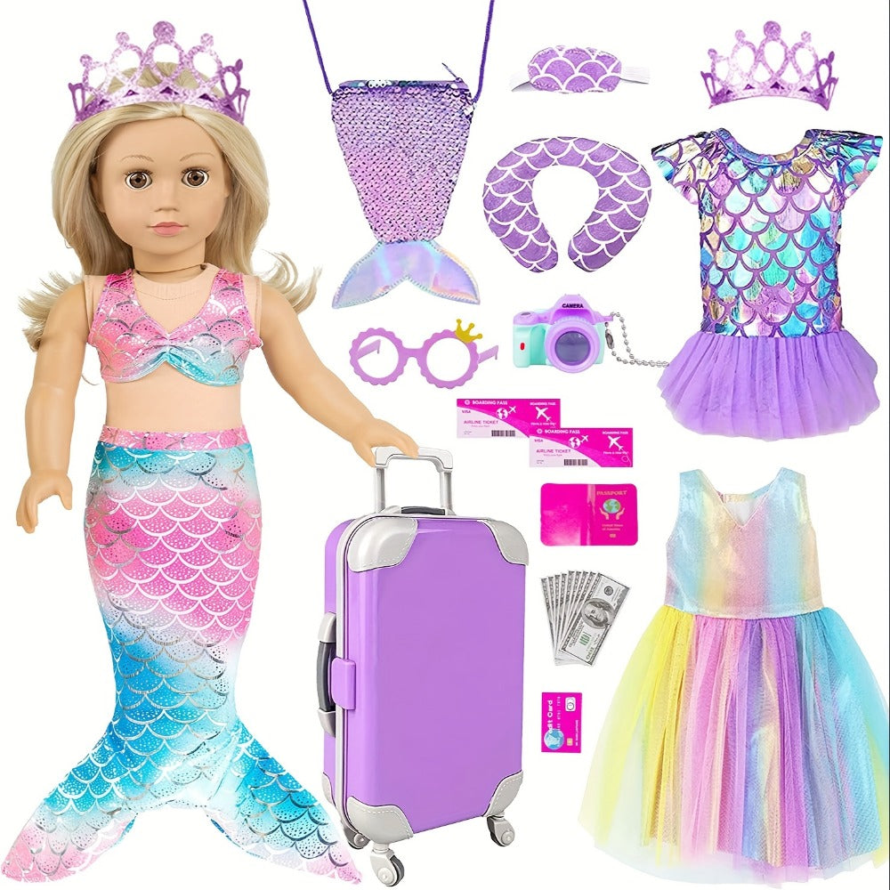 18-Inch Doll Mermaid Travel Accessory Set with Outfit and Luggage