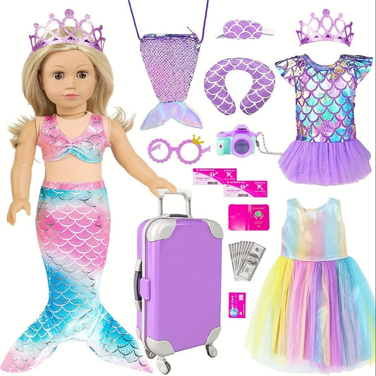 18-Inch Doll Mermaid Travel Accessory Set with Outfit and Luggage