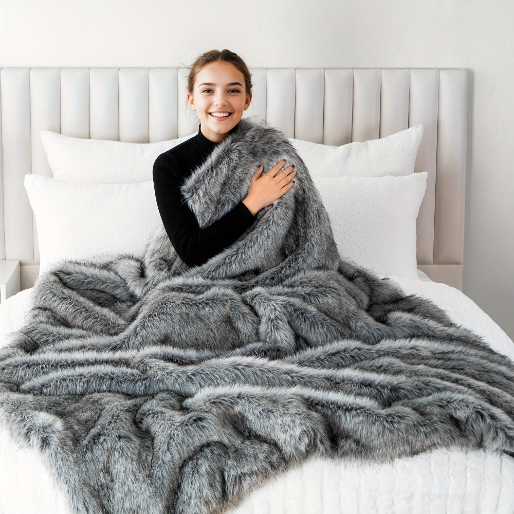 Long Hair Fluffy Reversible Plush Velvet Throw Blanket – 300-350gsm Soft Elegant Throw for Couch & Bed, 6 Colors, 2 Sizes