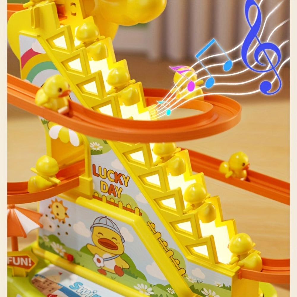 Electric Duck Climbing Stairs Toy with Music and Six-Duck Slide Loop