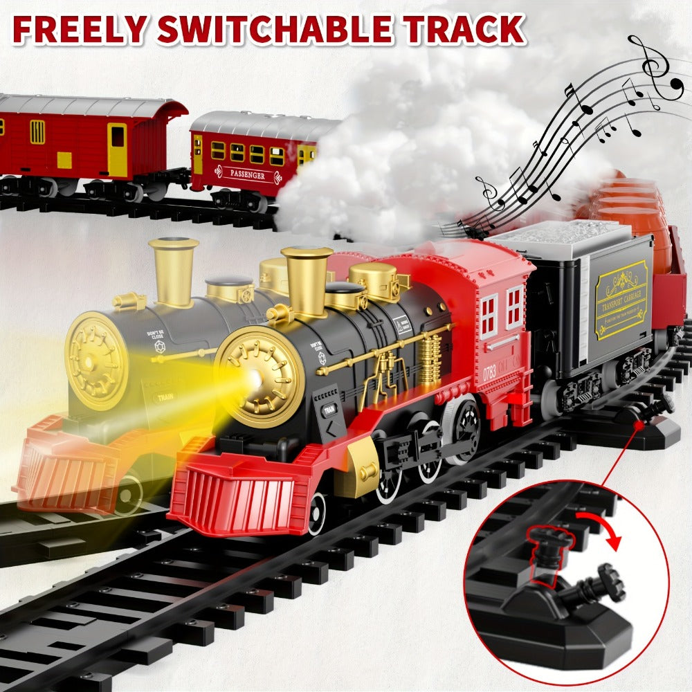 Electric Train Set with Smoke, Lights & Sound – 6-Car Christmas Toy Train with Switch Tracks