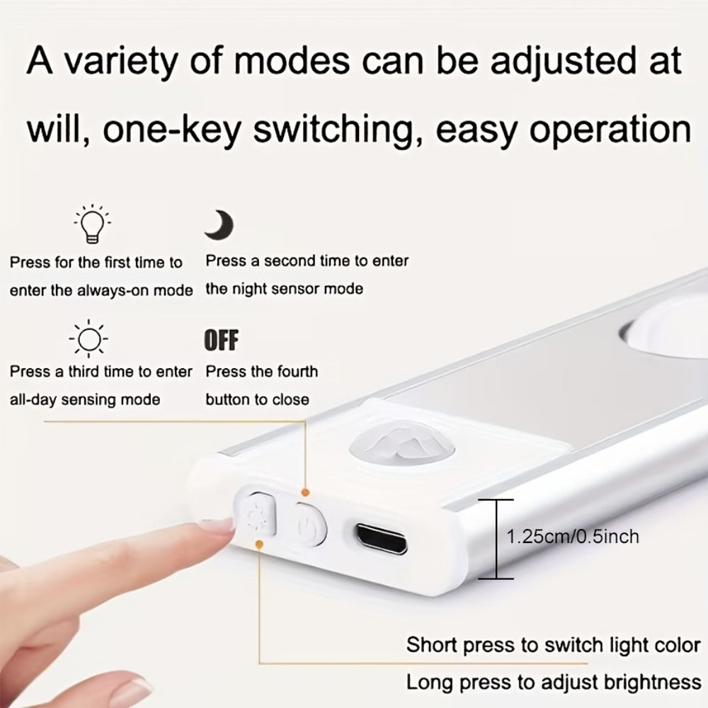 Motion Sensor LED Strip Light USB Rechargeable – 3-Color Dimmable Wireless Night Light for Kitchen, Wardrobe, Cabinet, Shoe Cabinet & Bedroom (20cm / 30cm / 40cm / 50cm, 1 or 2 Pack)
