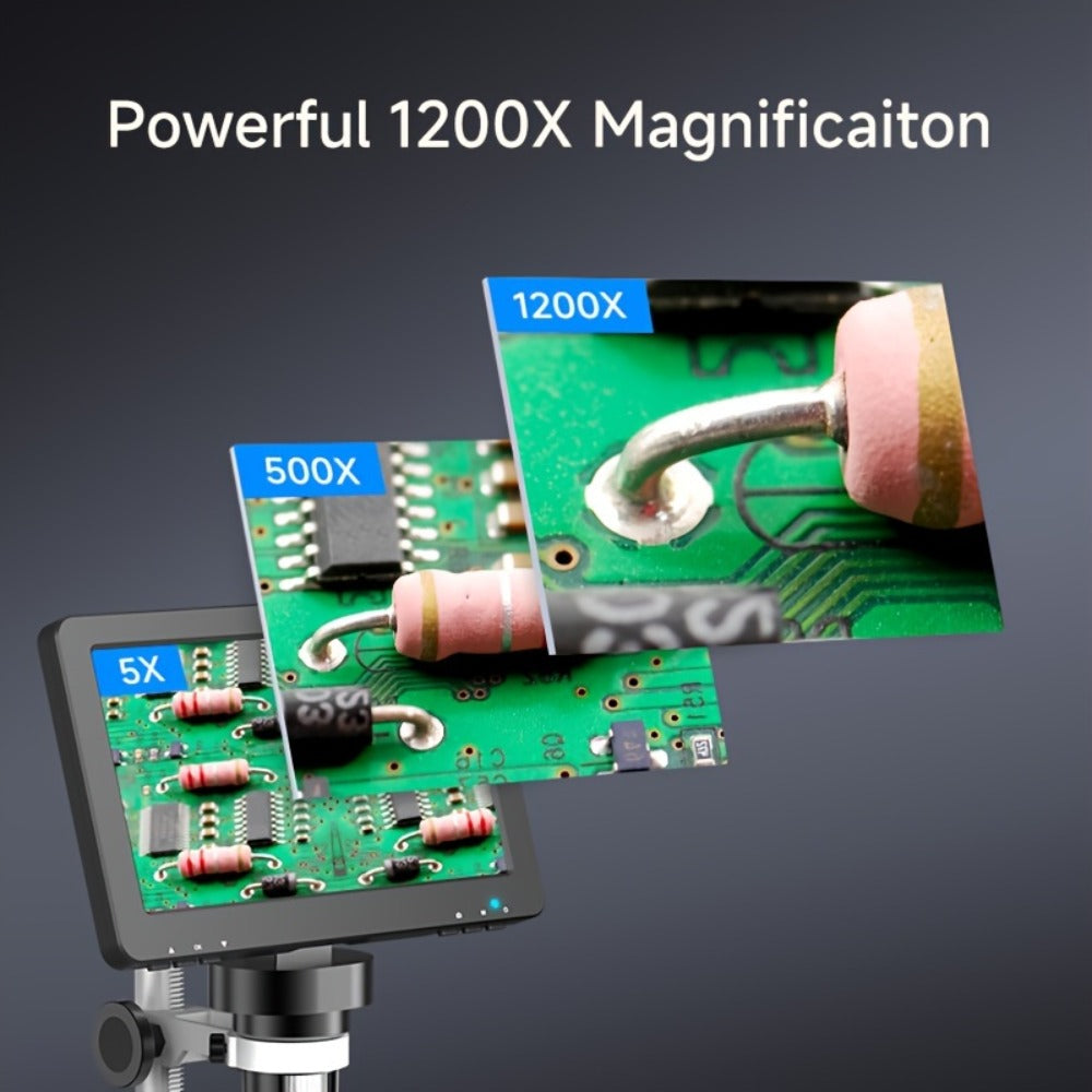 7 Inch LCD Digital Microscope 1200X Magnification, DM9 Coin Microscope 12MP Camera, 8 LED Lights, 32GB Card, Windows Compatible, USB Wired, for Coin Collecting, Jewelry, PCB, Science Education