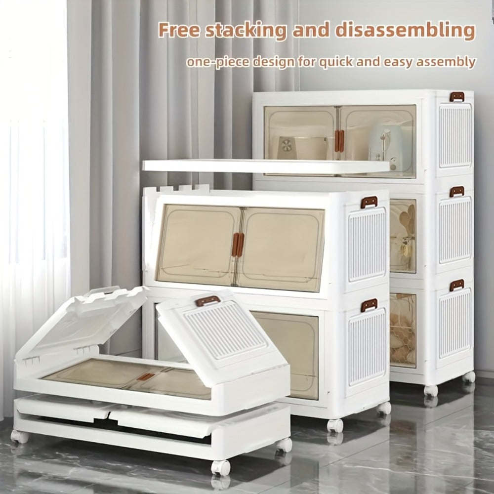 Stackable Foldable Storage Cabinet with Door – PP Plastic 1/2/3/4/5 Layer Organizer Box with Wheels & Cover | Dual-Access Home Storage for Clothes, Books, Snacks & Kitchen Supplies | Office & Garage