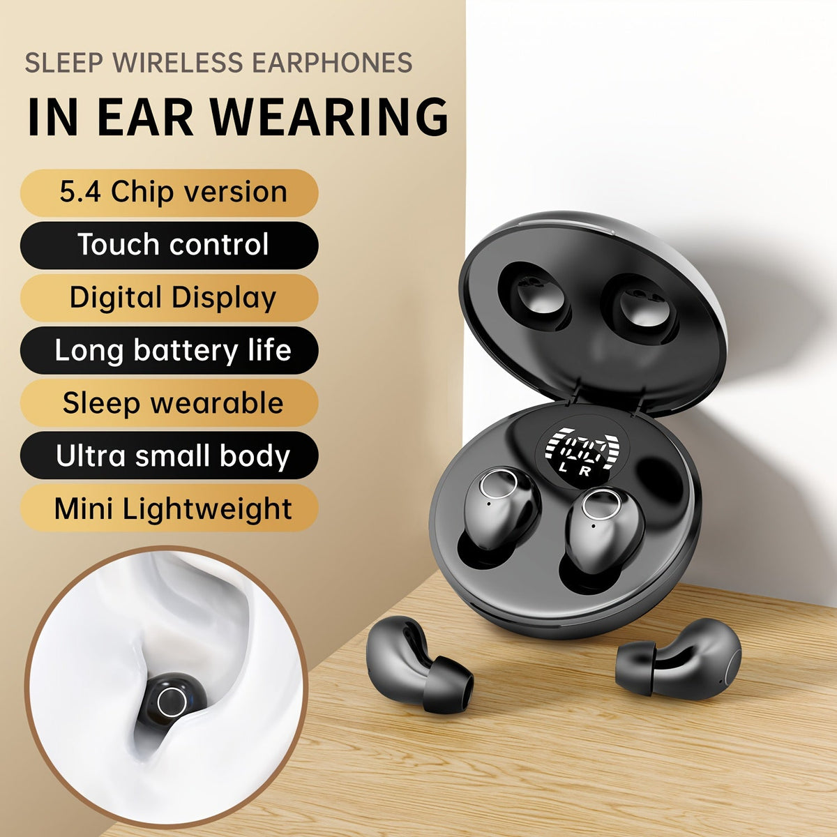 Sleep Bluetooth Earphones Ultra-Thin Design Deep Sleep Mode 18D Bass Microphone Wireless for Home Travel Running Music Unisex Gift MSHUCOE