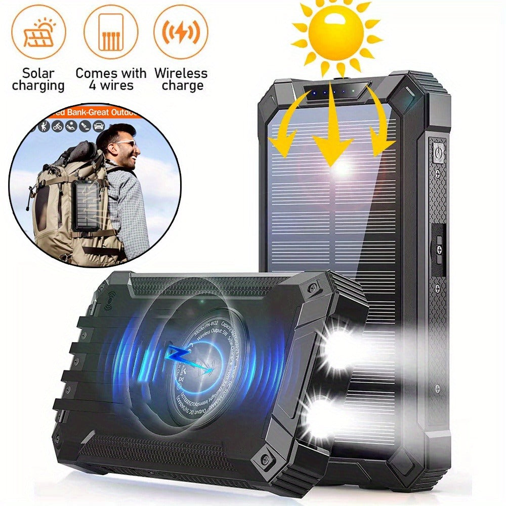 Solar Power Bank 40000mAh with Built-in 4 Cables & 15W Wireless Charging – 6 Outputs 3 Inputs Dual LED Flashlight Portable Charger for iPhone Android Tablets Camping Travel Emergency