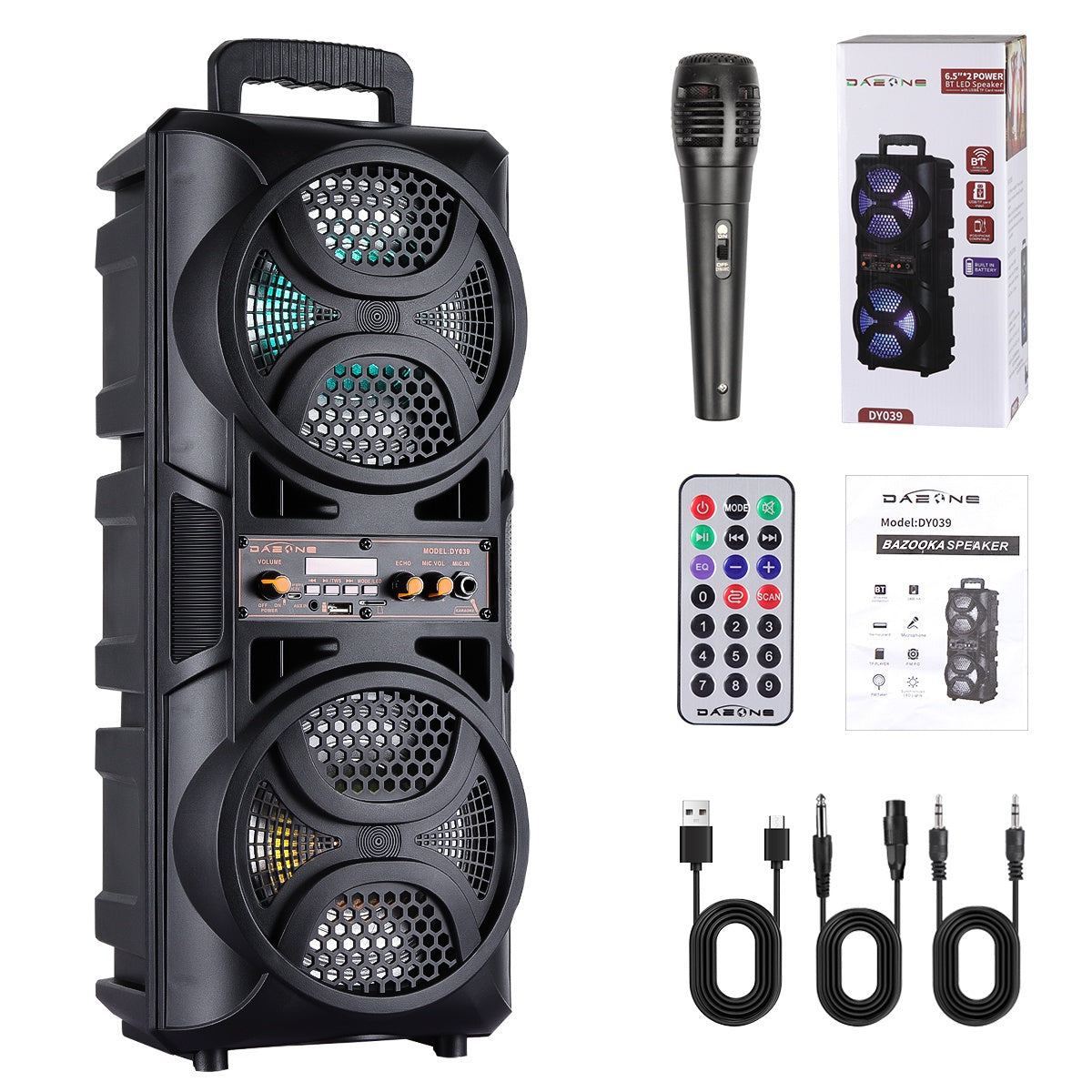 Portable PA Speaker with Dual Woofer & Disco LED Lights - Bluetooth Subwoofer, FM Radio, AUX USB Mic Guitar Input, Wired Microphone & Remote Control, 1800mAh Battery, Indoor Outdoor Party