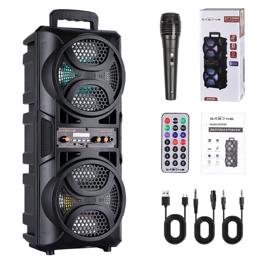 Portable PA Speaker with Dual Woofer & Disco LED Lights - Bluetooth Subwoofer, FM Radio, AUX USB Mic Guitar Input, Wired Microphone & Remote Control, 1800mAh Battery, Indoor Outdoor Party