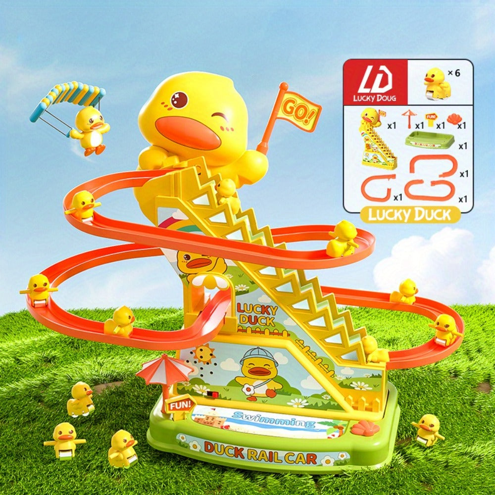 Electric Duck Climbing Stairs Toy with Music and Six-Duck Slide Loop
