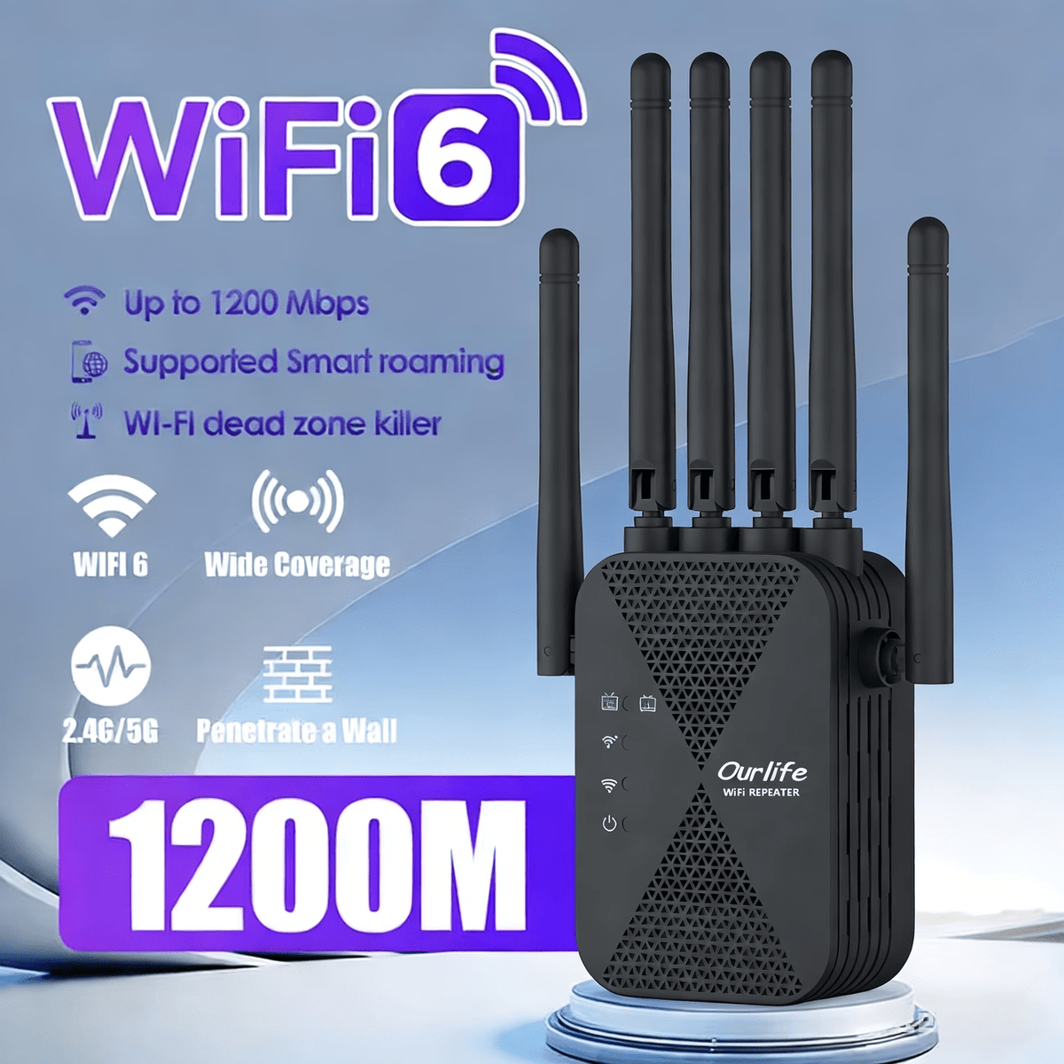 WiFi Extender 1300Mbps Dual Band AP & Relay Mode - 4 Powerful Antennas Full House Coverage, Ethernet Port, Eliminates Dead Zones, for Home Office Gaming Streaming, White Black