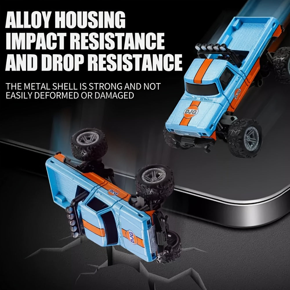 Mini RC Monster Truck, 1:64 Scale Alloy Body with LED Lights, Blue