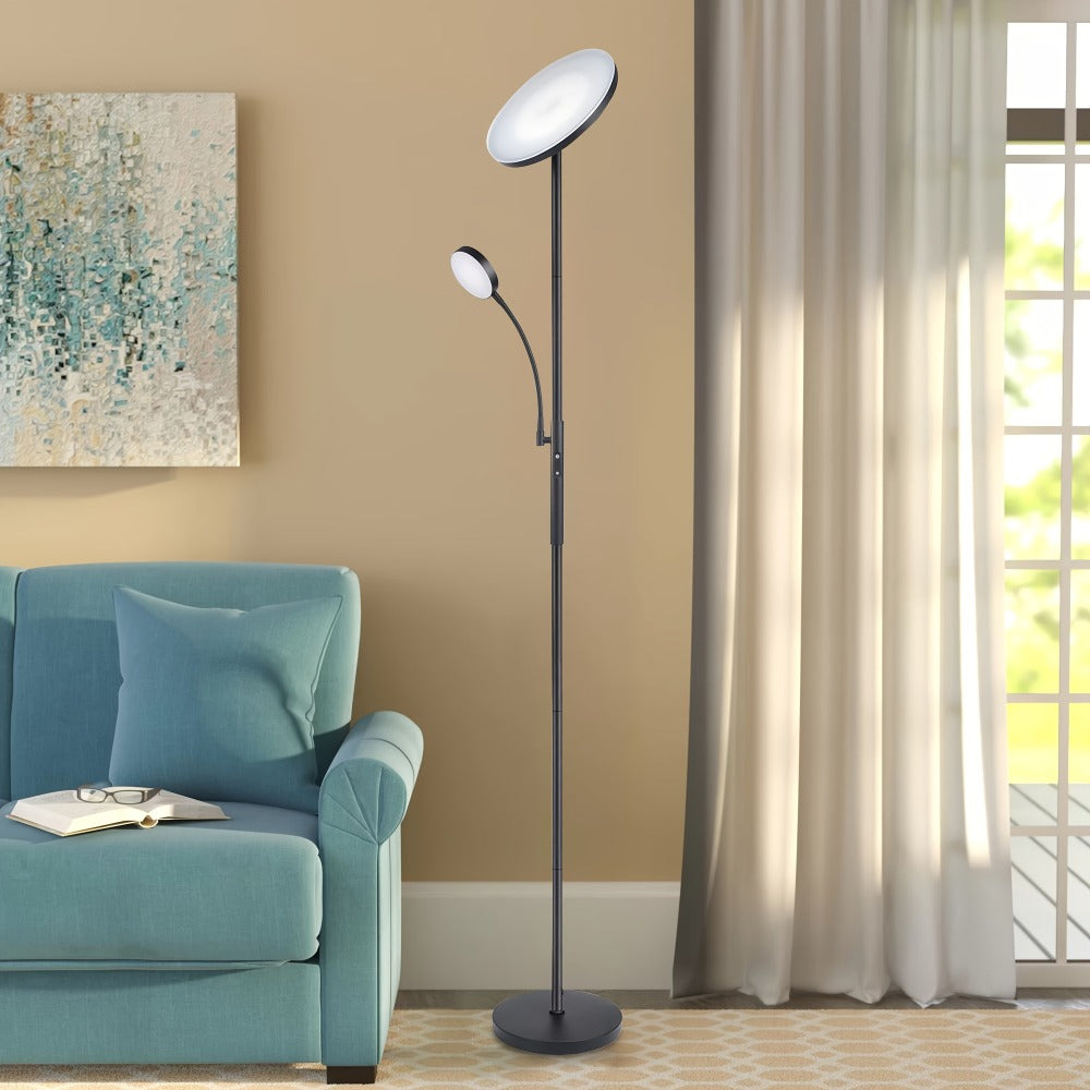 LED Floor Lamp with Reading Light – 27W 2300LM Dimmable Torchiere Standing Lamp, 4 Color Temperatures, Remote & Touch Control, Metal Base for Living Room Bedroom Home Office (Black/White)