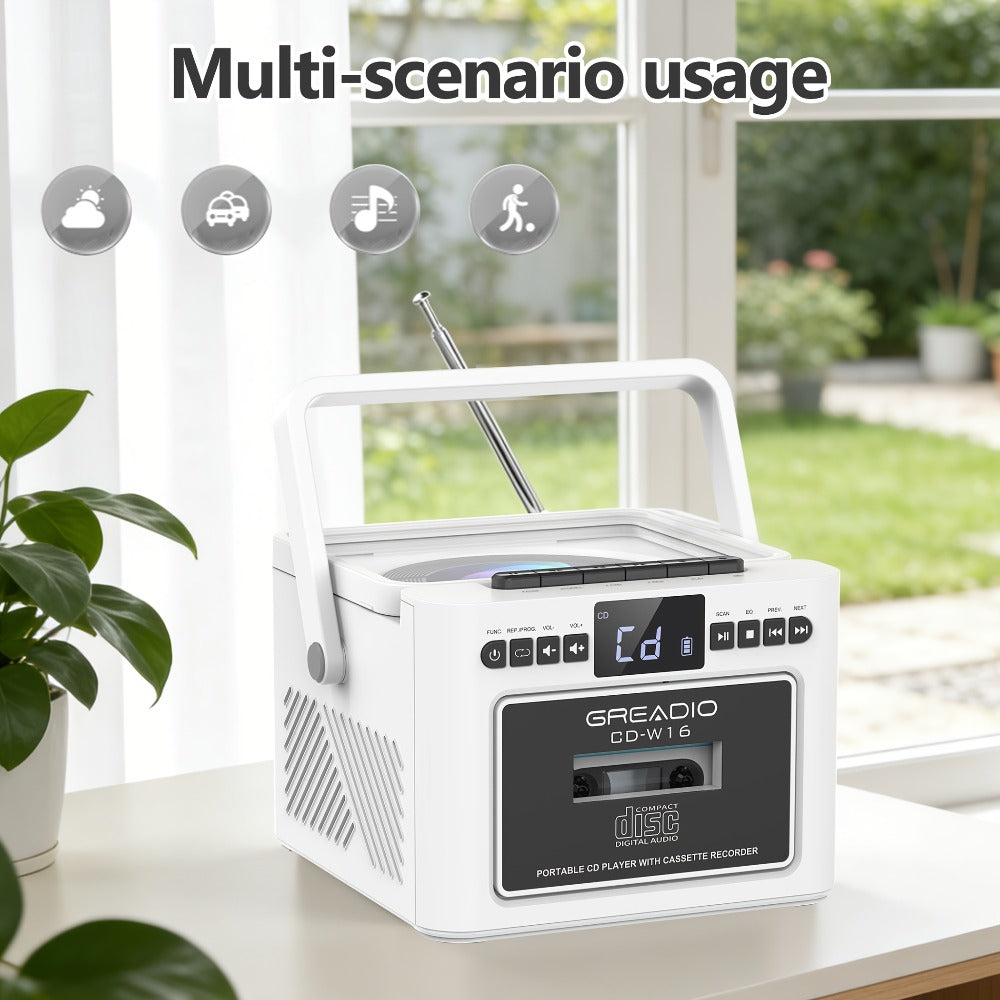 Boombox CD Cassette Player Rechargeable 5000mAh Battery 5W Dual Stereo Speakers FM Radio Tape Recording AUX SD USB 3.5mm Jack Portable Home Audio Player