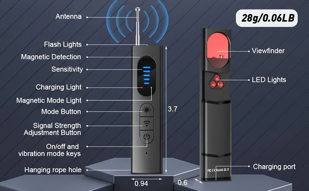 Anti Spy Hidden Camera Detector RF Signal Scanner Portable Bug Detector, GPS Tracker Finder, Listening Device Detector, Rechargeable Wireless Security Sweep Tool for Travel Hotel Airbnb Car Home Office