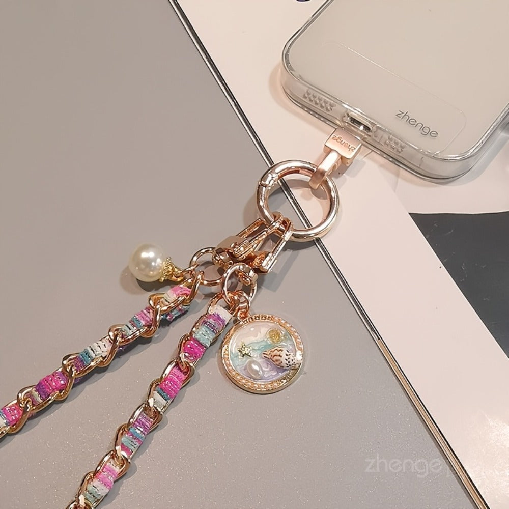 Metal Chain Phone Crossbody Strap Painted Fabric Long Lanyard Fashionable Disc Button Shoulder Phone Strap – Hands-Free for Women Daily Shopping Travel Outdoor Gift