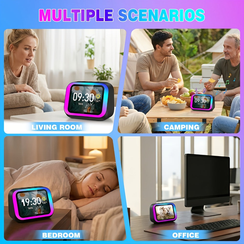 Smart Alarm Clock with AI Voice Assistant & Wireless Speaker - Dynamic RGB Light, Hi-Fi Stereo Sound, HD Display, Answer Calls, Period Tracker, 2500mAh Battery, Portable Bedside Charging Clock