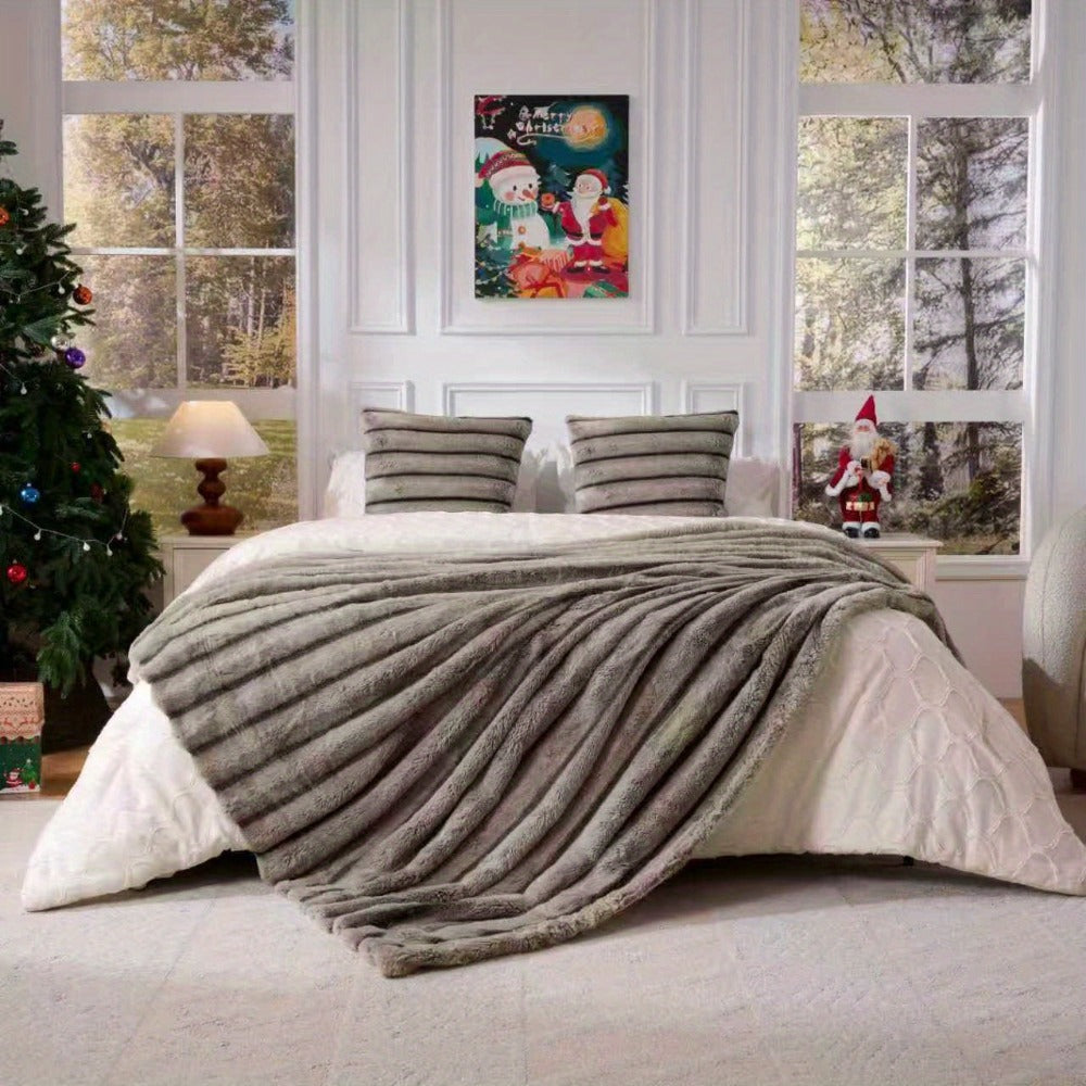 Double-Layer Faux Rabbit Fleece Blanket – 450-500gsm Thickened Soft Warm Throw for Bed, Couch & Travel, All Season, 3 Colors, 5 Sizes