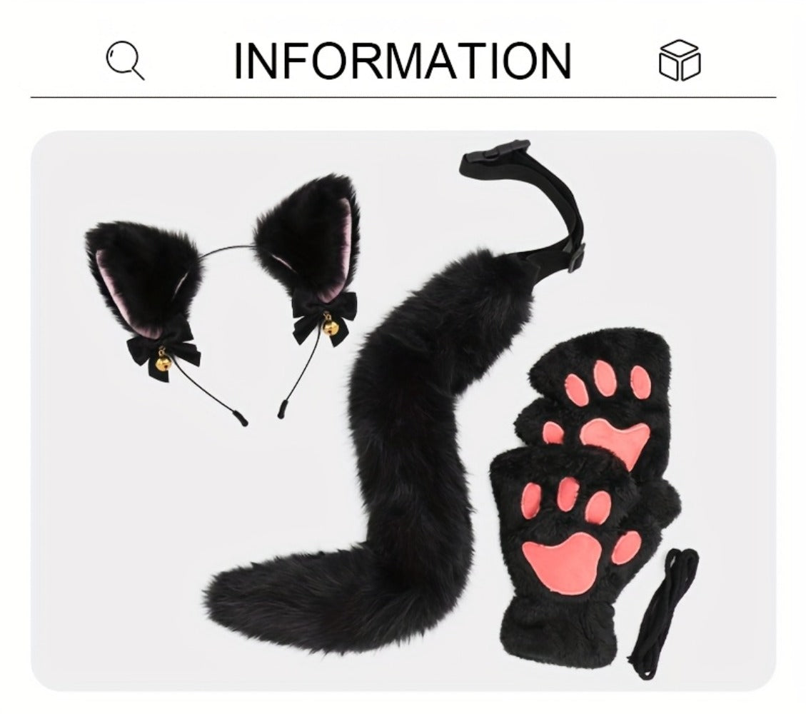 Cat Costume Set 3 Piece – Bell Ear Headband, Plush Paw Gloves & Adjustable Tail for Halloween, Cosplay, Role Play & Stage Performances, Cute Gift for Women Girls, Grey White Brown Pink