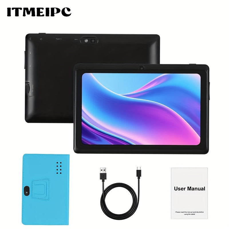 USB-C Android 14 Tablet 7 Inch with Built-in Protective Case, 4GB RAM 32GB ROM Expandable Quad-Core HD IPS Display, Dual Camera WiFi, Compact Stylish Portable Tablet for Students Teens Adults – Blue Yellow Black Pink