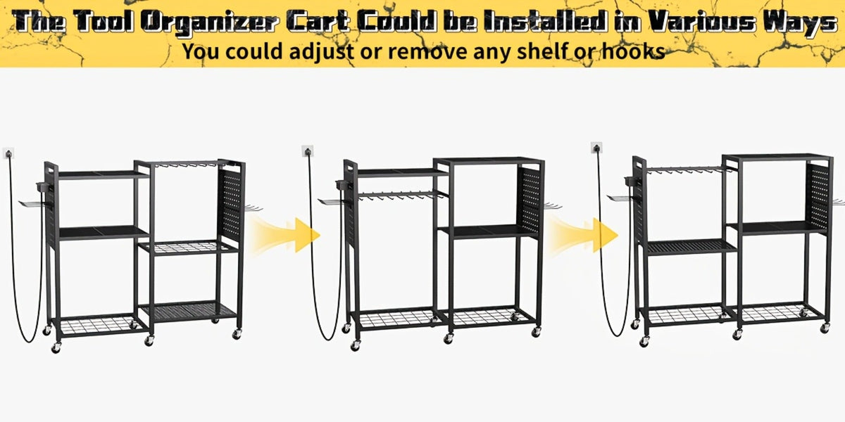 Mobile Tool Cart with Charging Station – 12 Drill Holders & 5 Storage Shelves Power Tool Organizer | Rolling Utility Rack Toolbox with Battery Charging Power Strip for Garage & Workshop | 4 Colors