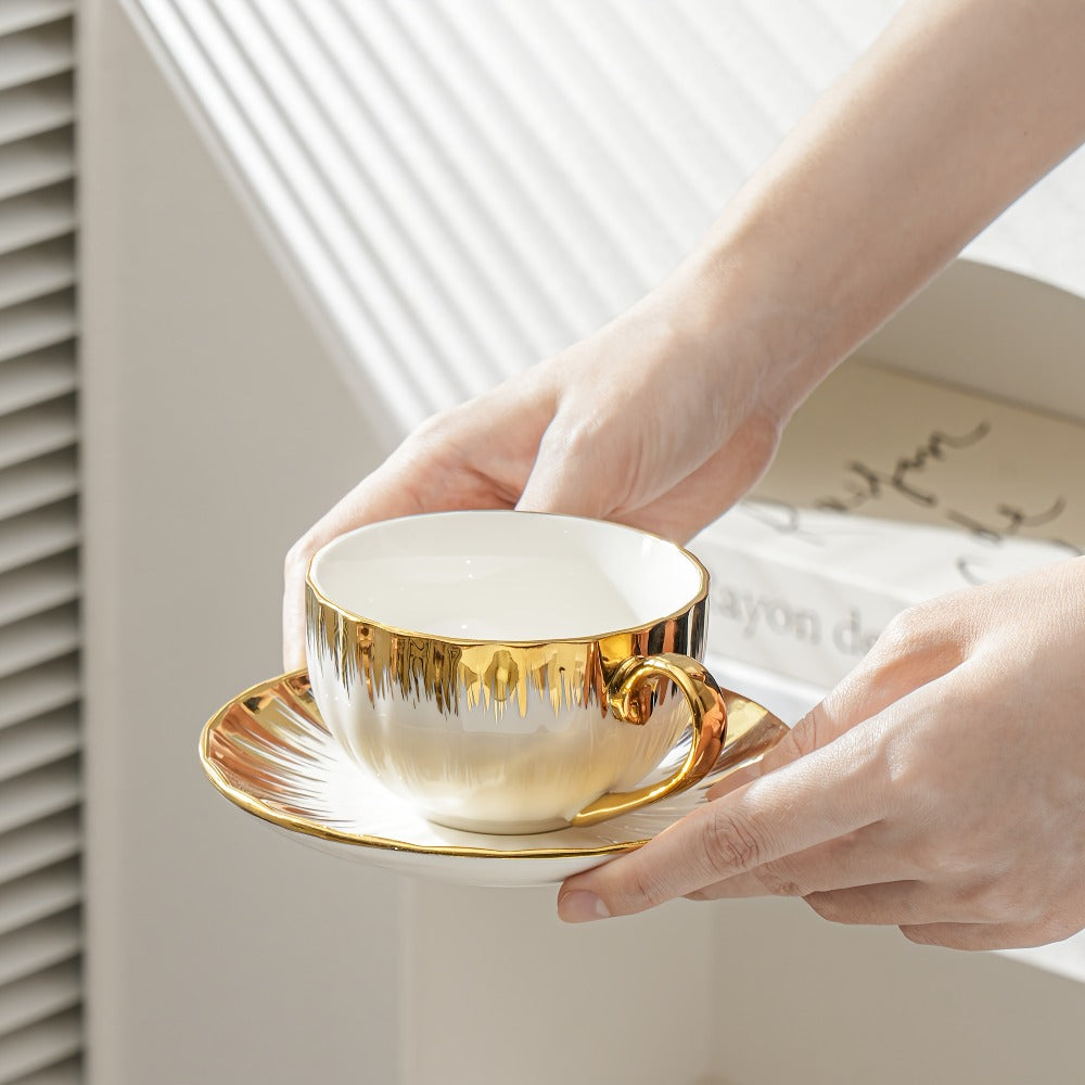 European Ceramic Coffee Cup and Saucer Set of 6 – Light Luxury 8.45oz Porcelain Tea Cups with Plates | Elegant Floral Dinnerware for Wedding Mother's Day Holiday Gift