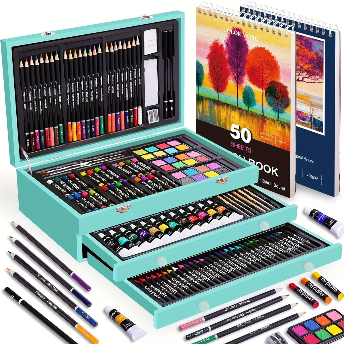175-Piece Deluxe Art Set in Wooden Case – Drawing Pads Crayons Acrylic Paints Colored Pencils Complete Professional Art Kit Gift for Kids Teens Adults Birthday Christmas