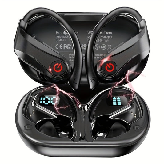 TWS Earhook Wireless Earbuds Semi-Open Back with LED Charging Case, ENC Noise Reduction, Touch Volume Control, Built-In Microphone, True Wireless Bluetooth Headphones for Sports Travel Work