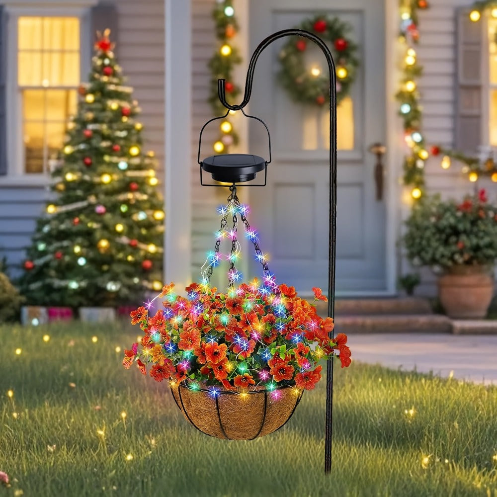Solar Hanging Flower Basket with RGB String Lights – 10 Inch Artificial Flowers, Dusk-to-Dawn Auto On, Waterproof Outdoor Decor for Patio, Garden, Balcony & Front Porch | Pink Purple Orange