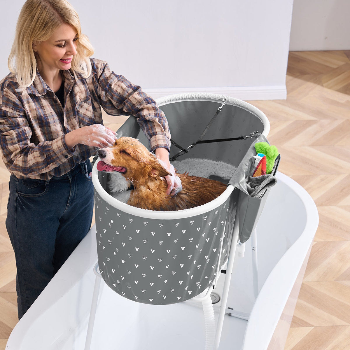 Elevated Foldable Pet Bathtub – Stand-Up Dog Grooming Tub with Carbon Steel Legs, 220 lbs Capacity & Expandable Drain Hose | 33"x18" PVC Tub for Pets 10–65 lbs | Space-Saving Collapsible Design | Gray