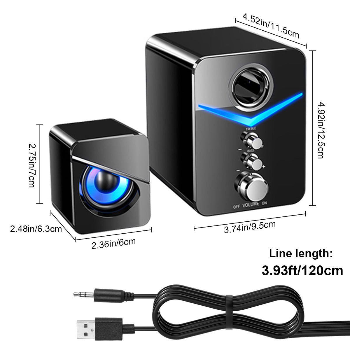 3-Piece Desktop Speaker System with Subwoofer | USB Powered PC Speakers, 3.5mm Audio Jack, Independent Bass & Treble Control, Blue LED Light – Stereo Sound for PC, Laptop, Mac & Home Office