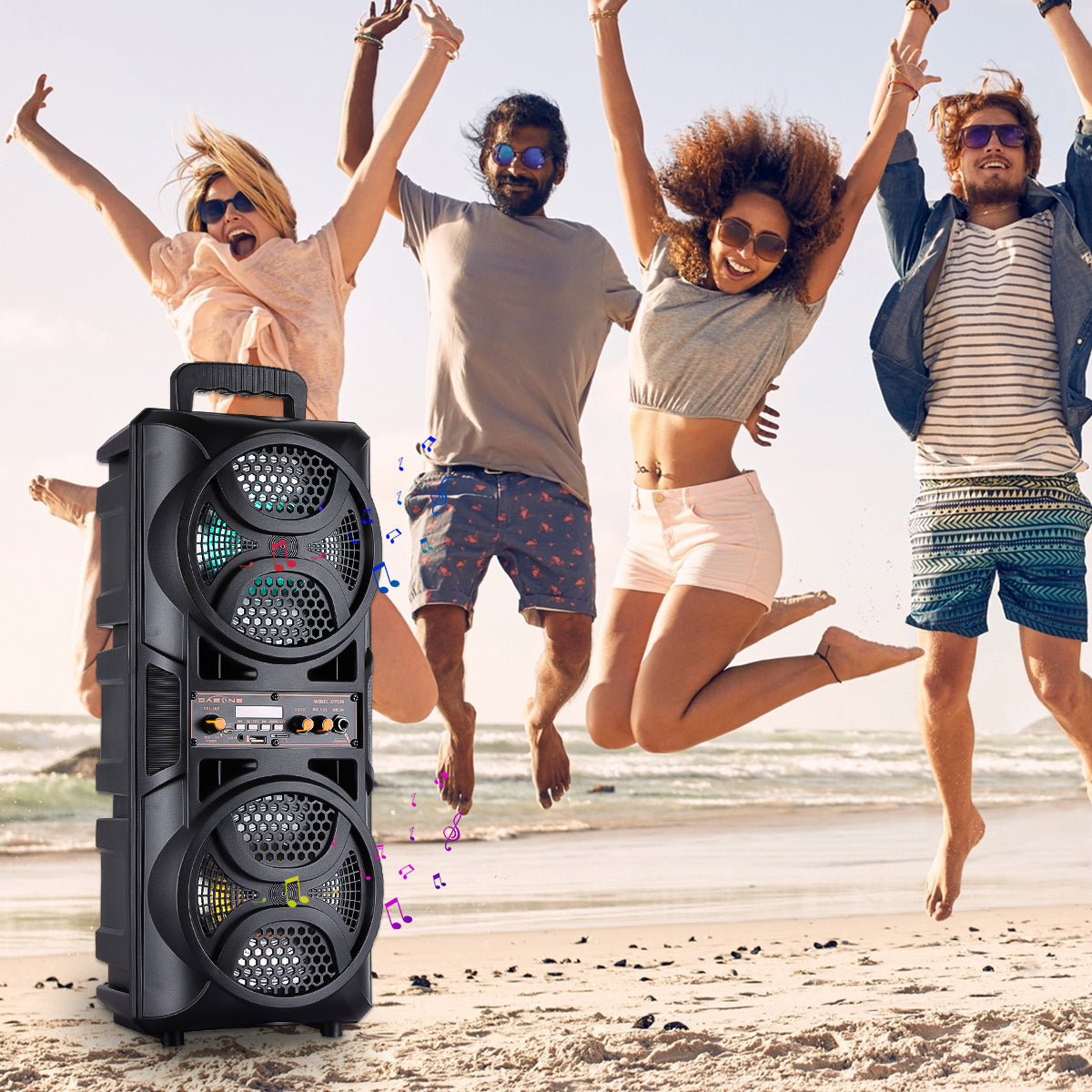 Portable PA Speaker with Dual Woofer & Disco LED Lights - Bluetooth Subwoofer, FM Radio, AUX USB Mic Guitar Input, Wired Microphone & Remote Control, 1800mAh Battery, Indoor Outdoor Party