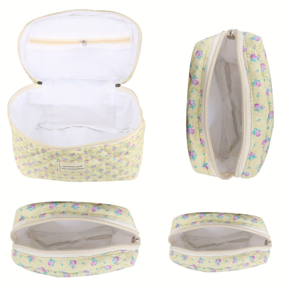 Quilted Makeup Bag Set 4-Piece Floral Rose Coquette Aesthetic Premium Cotton Cosmetic Organizer Travel Toiletry Pouch 4 Sizes for Women Girls Vanity Bathroom Gift