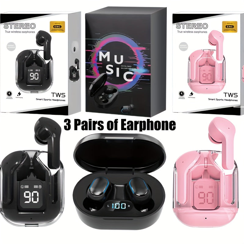 3-Pack TWS Wireless Earbuds Set Bluetooth 5.4 Noise Canceling Microphone LED Display Touch Control Gift for Women Music Lovers Compatible iOS Android iPhone