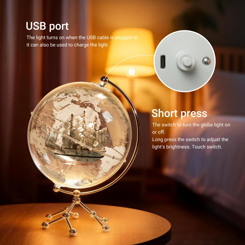 LED Lighted Globe for Kids & Adults 7.87 Inch Clear Acrylic Earth Globe Warm White Light Metal Stand Detailed World Map | Desktop Bookshelf Home Office Decor | Geography STEM Gift