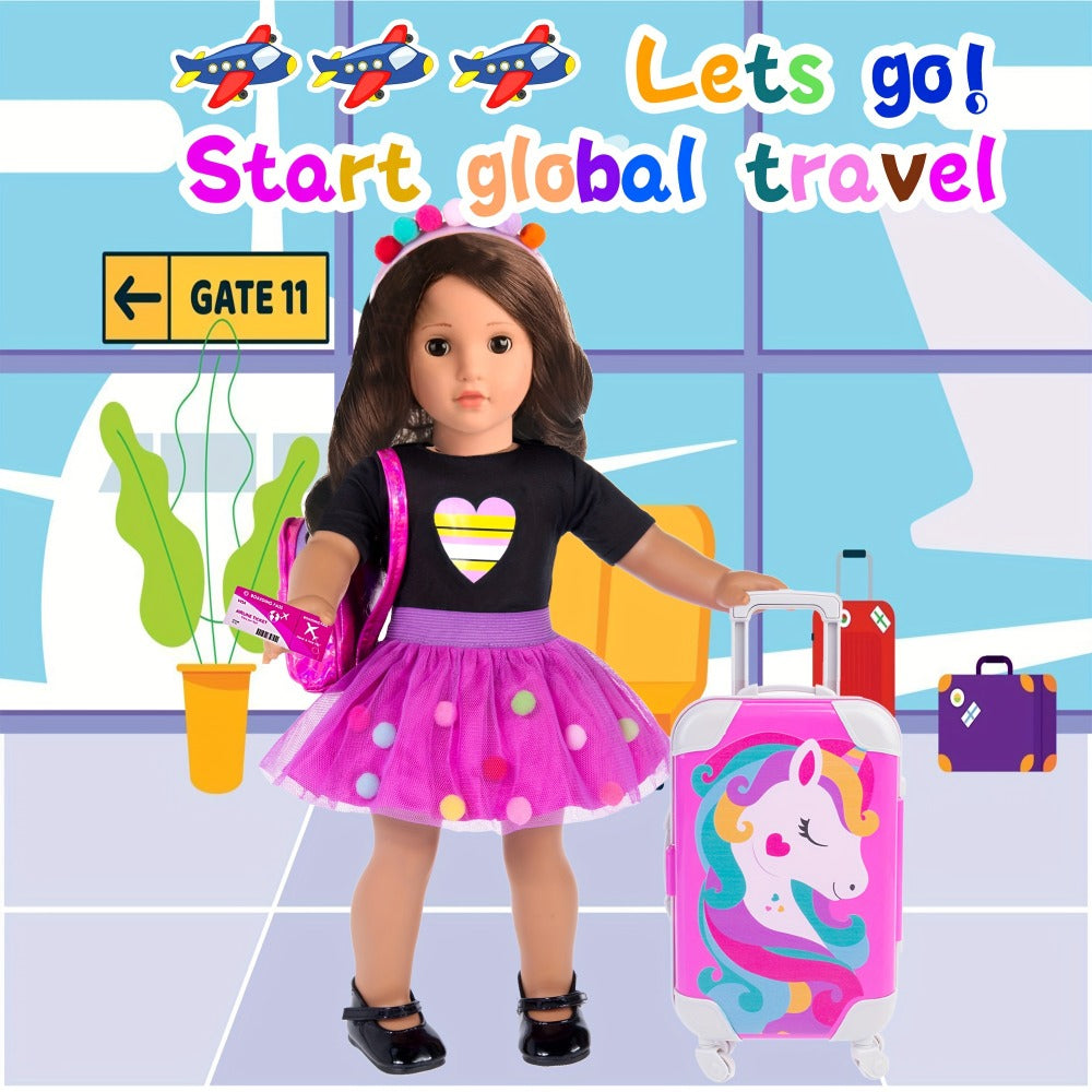 18 Inch Doll Travel Accessories Set 25 Pcs – Unicorn Suitcase Roller Skates Backpack Outfit Hairpins School Supplies, Fits American Girl & Most 18 Inch Dolls, Birthday Christmas Gift for Girls Ages 3-12 No Doll