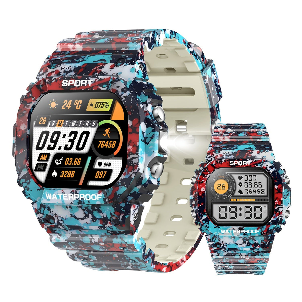 Tactical Smartwatch for Men, LED Flashlight & SOS Emergency, 1.32" TFT Screen, Bluetooth Calling, 100+ Sport Modes, Heart Rate SpO2 Sleep Tracker, Camouflage & Matte Colors – iPhone & Android Compatible