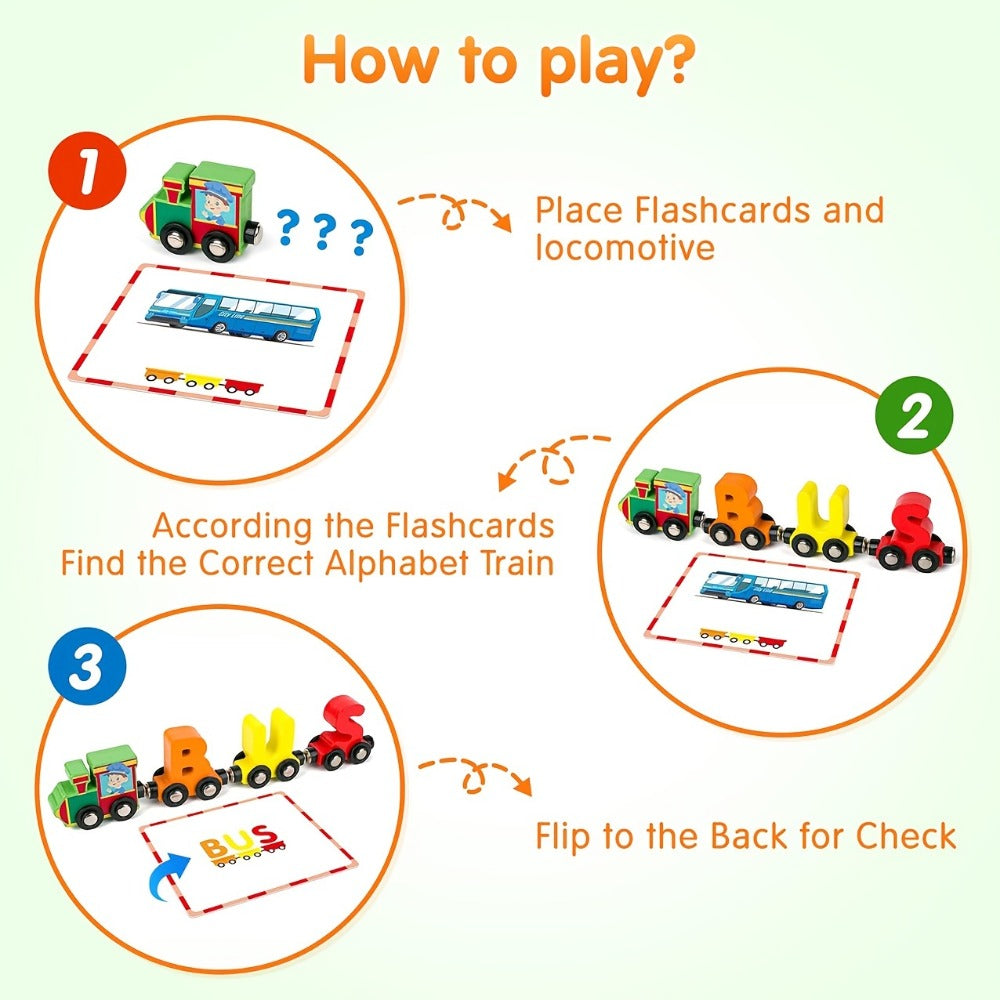 Wooden Alphabet Train Set, 27-Piece Magnetic ABC Letter Toy with 42 Flash Cards & Storage Bag