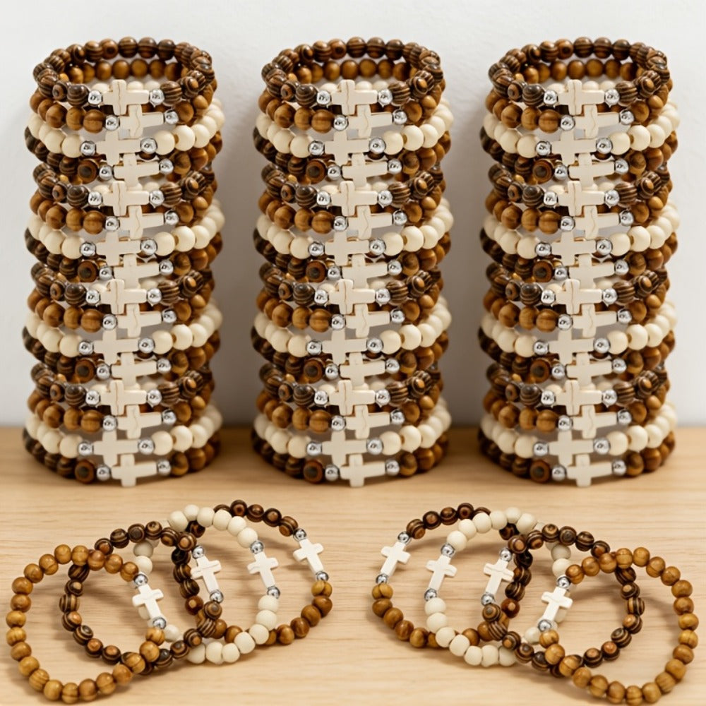 Cross Bracelets Bulk Set – Alloy Cross Pendant Woven Elastic Bracelets, 20 or 40 Pcs Assorted
